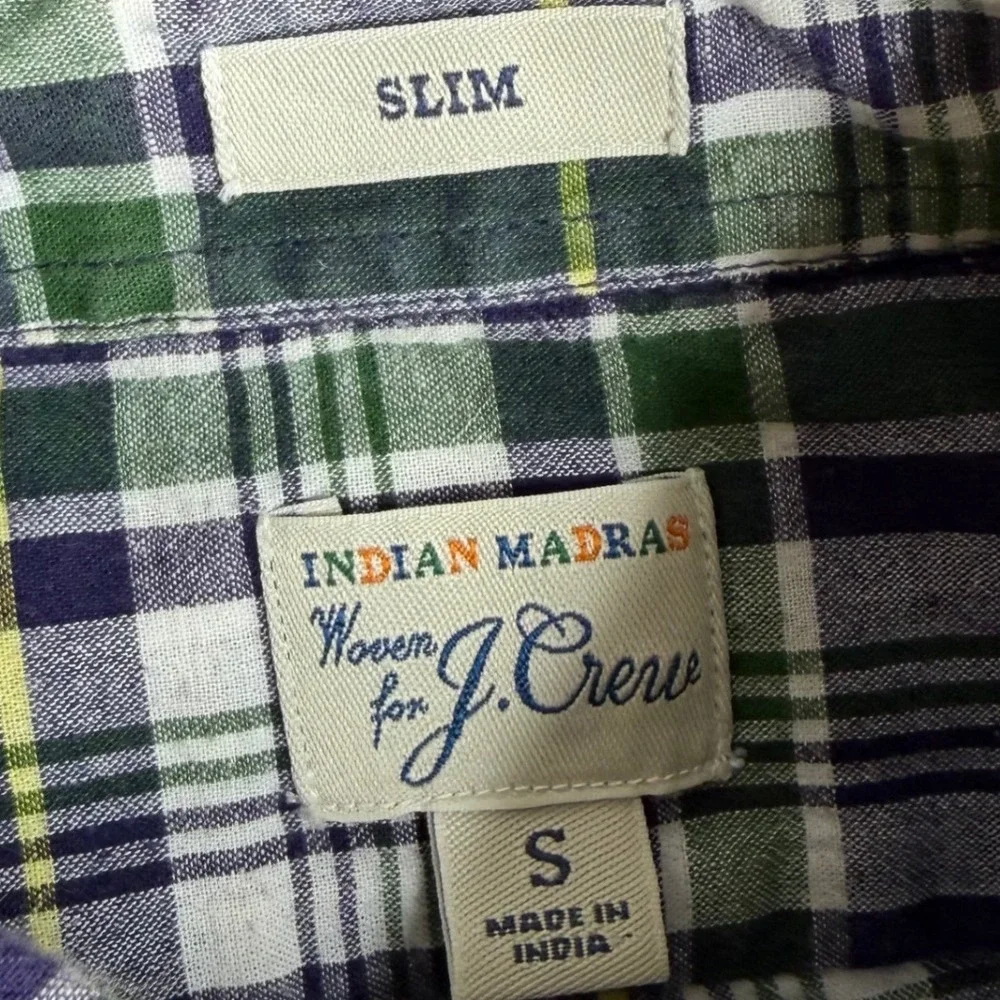J. Crew Indian Madras Shirt Mens Small Slim Fit Plaid Button Down Navy Green